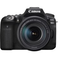 Front view of Canon EOS 90D DSLR camera with EF-S 18-135mm f3.5-5.6 IS USM lens attached showing camera body and lens design
