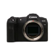 Front view of Canon EOS R8 mirrorless camera body showing lens mount and compact ergonomic design