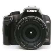 Front view of Canon EOS 1000D DSLR camera with EF-S 18-200mm IS lens