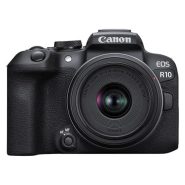 Front view of Canon EOS R10 mirrorless camera with RF-S 18-45mm F4.5-6.3 IS STM lens