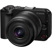 Three quarter view of Canon EOS R50 V with RF-S 14-30mm IS STM PZ lens