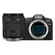Front view of Canon EOS R8 mirrorless camera with RF 24-105mm f4-7.1 IS STM lens standing beside the camera